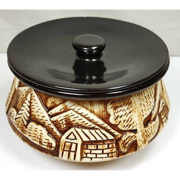 VTG Sunrise Brown Pottery Carved Clay Lid Houses Trees Outdoor 3D Design Glazed - Picture 3 of 12